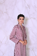 Ready-to-wear striped lawn cotton dress for women in blue and mehroon – Khaleesi Clothing