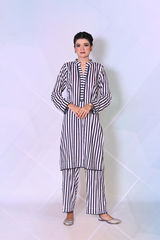 Ready-to-wear striped lawn cotton dress for women in blue and mehroon – Khaleesi Clothing