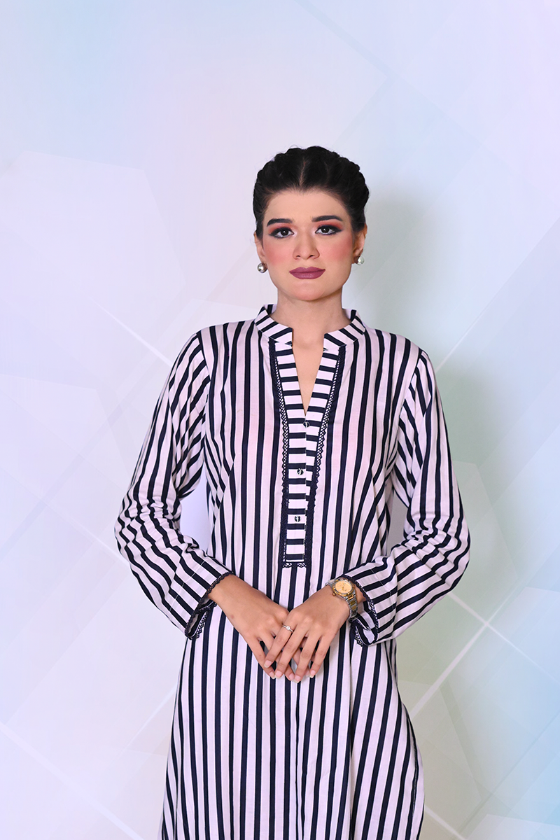 Ready-to-wear striped lawn cotton dress for women in blue and mehroon – Khaleesi Clothing