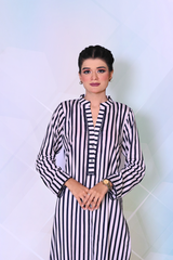 Ready-to-wear striped lawn cotton dress for women in blue and mehroon – Khaleesi Clothing